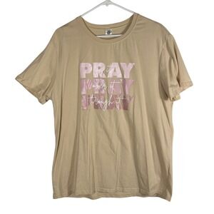 Y Brand Women XL Tan Pray On It Over It Through It Graphic T-Shirt Cotton Blend